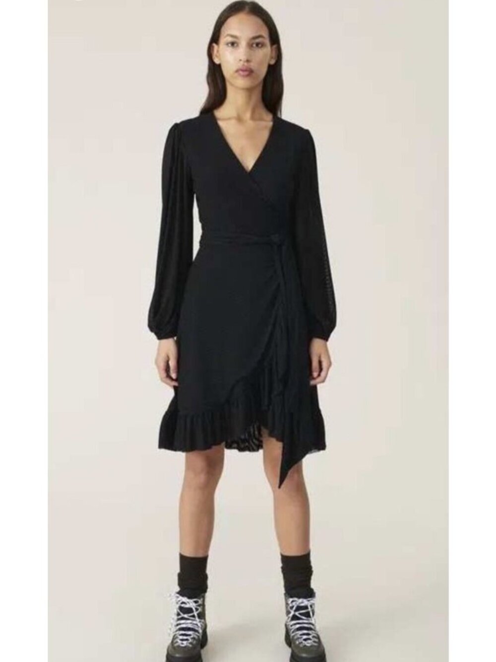 GANNI Black Dot Mesh Wrap Mini Dress Long Sleeve EU 40 / US Size Large